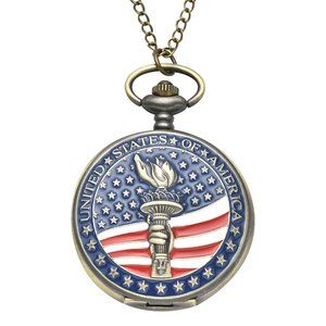 Statue of Liberty Torch with American Flag Pattern Pocket Watch with Chain